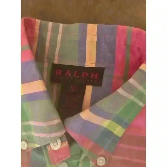 Ralph Lauren Girls Bright Pink Multicolour Plaid 3/4 Sleeve‎ Button Down Shirt M - Picture 9 of 13